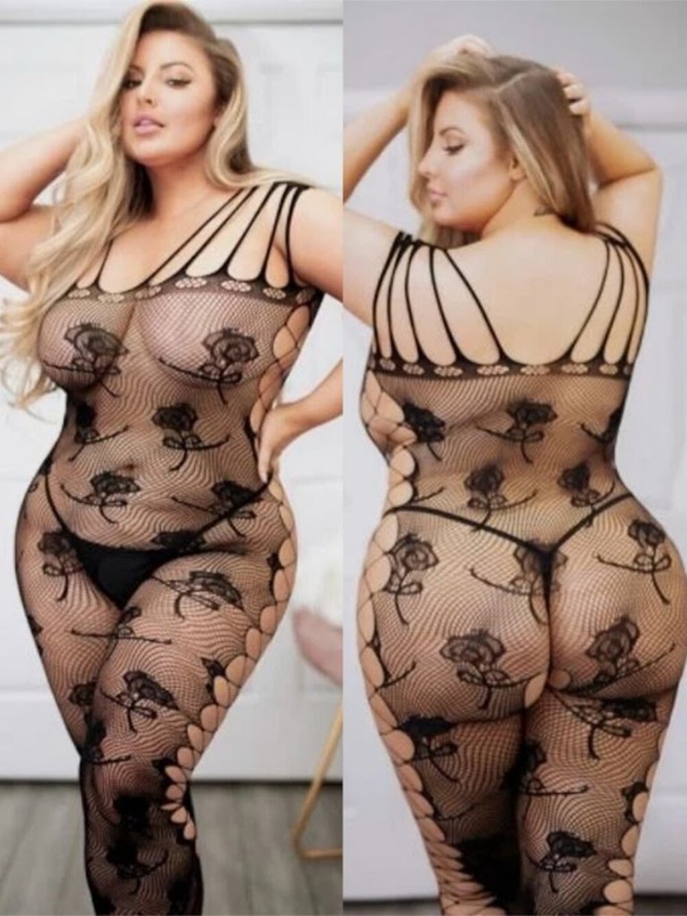 Roses Black Fishnet Bodystocking Queen Plus Size Criss Cross Crotchless Lingerie